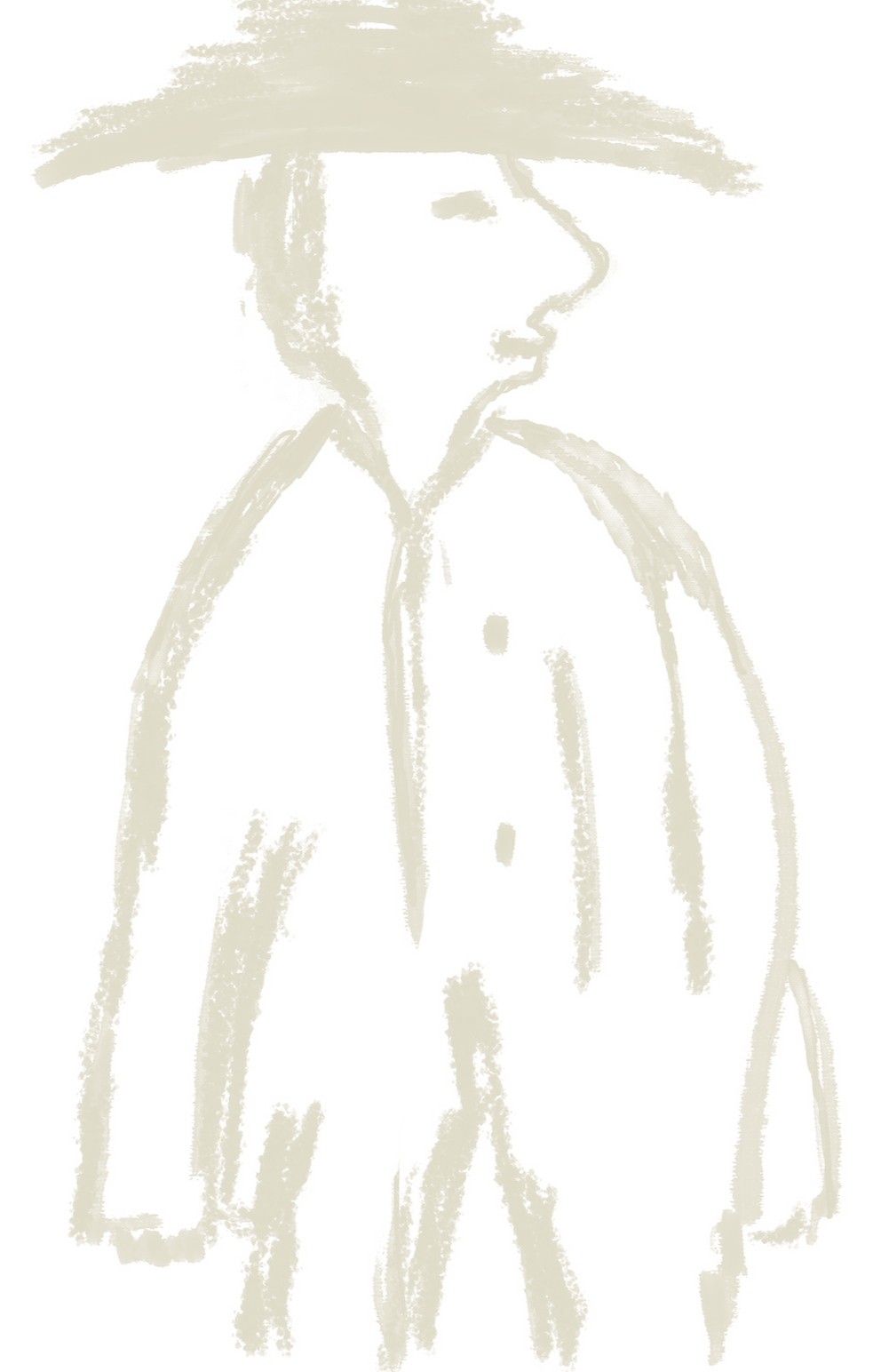 Ink drawing of a small time-traveller figure in a conical hat